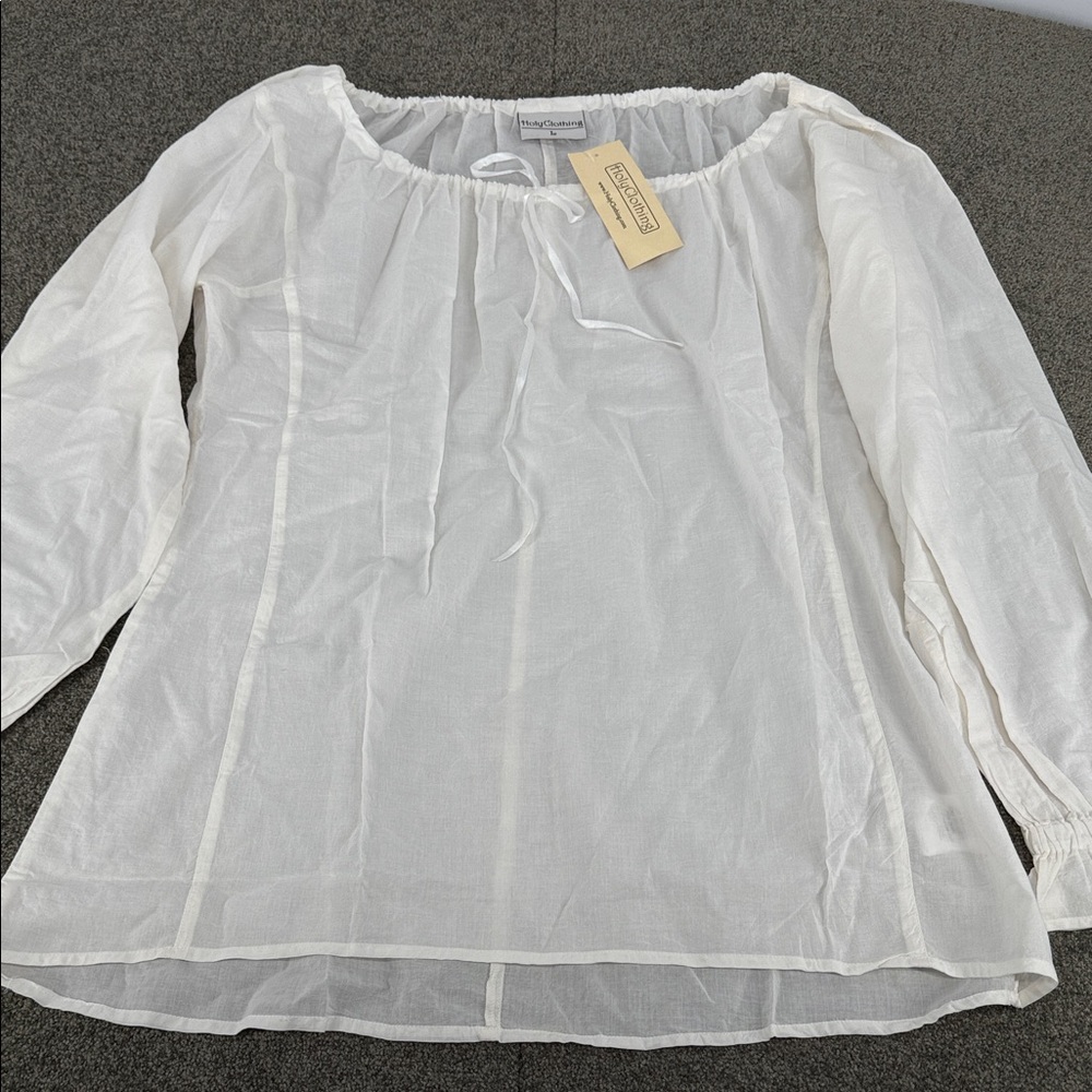 Holy Clothing Top Wm Large Renee Tunic Peasant Blouse Long Sleeve Cream/White